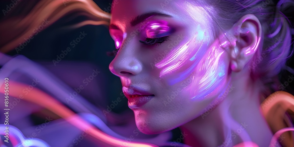 Fashion model with neon makeup poses in vibrant UV setting. Concept Neon Makeup, UV Setting, Fashion Model, Vibrant Colors, Photoshoot Styling, Fashion model with neon makeup poses in vibrant UV setting. Concept Neon Makeup, UV Setting, Fashion Model, Vibrant Colors, Photoshoot Styling,