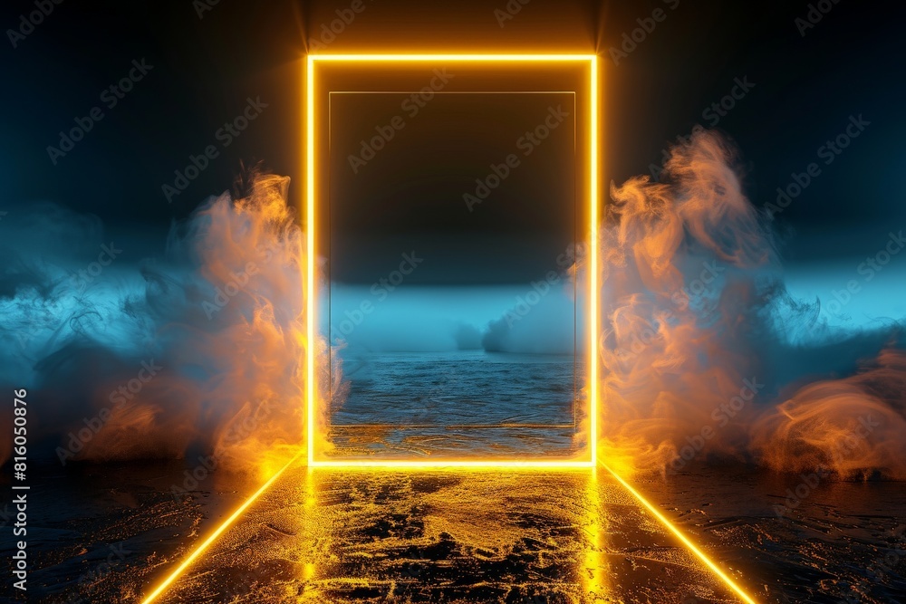 Obraz premium Vector 3d render square glowing in the dark pink-blue neon lights, generative Ai. Beautiful simple AI generated image in 4K, unique.