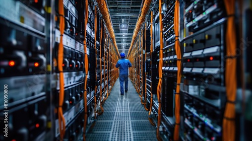 An engineer walks through the narrow aisle of a modern data center, surrounded by high-tech server racks and colorful cabling, ensuring system functionality.. photo