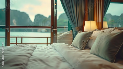  selective focus luxury bedroom of on cruise ship with seascape, Generative Ai