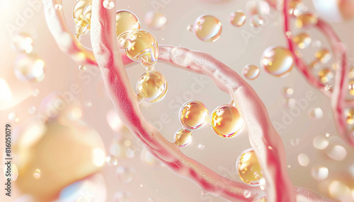 DNA Cosmetics golden serum liquid bubbles abstract background. Cosmetic moisturizer essence gel. Collagen fluid bubble molecule. Moisturizing cream or oil for personal health care and beauty skin 