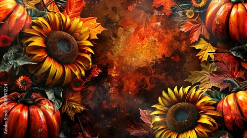 Joyful banner featuring warm seasonal colors of autumn with pumpkins, fall leaves, and sunflowers for Thanksgiving photo