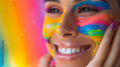 Close-up of a smiling woman s face from cheek to chin with rainbow painted on her face. Background design for the Pride month festival.