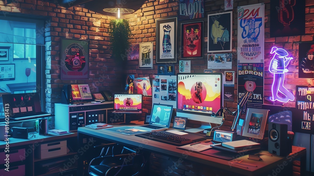 Creative freelancers workspace with graphic tablets and mood board Creative freelancers workspace with graphic tablets and mood board
