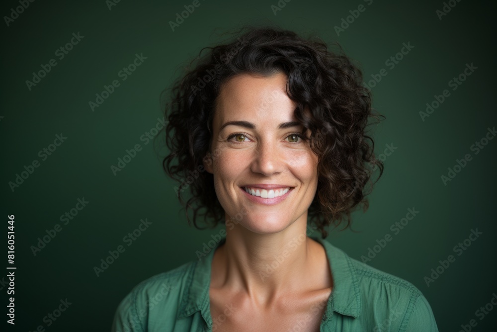 Portrait of a jovial woman in her 40s smiling at the camera in front of soft green background Portrait of a jovial woman in her 40s smiling at the camera in front of soft green background