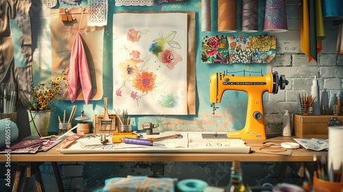 Creative workspace with mood board, sewing machine, and fabric samples, vibrant, craftinspired, watercolor photo