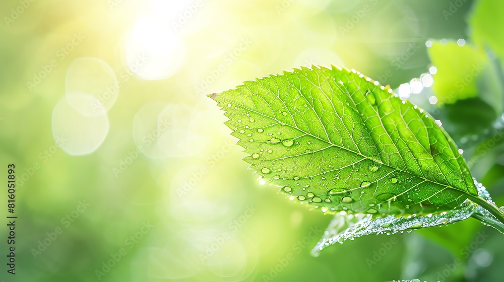 Closeup image of a dewcovered green leaf set against a soft, blurred natural background, illustrating freshness and natural patterns Closeup image of a dewcovered green leaf set against a soft, blurred natural background, illustrating freshness and natural patterns