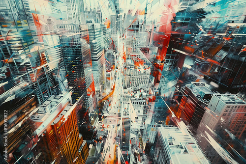 Abstract representation of a bustling cityscape, with skyscrapers and streets depicted as intersecting triangles, bustling with energy and movement.