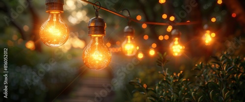 Fairy String Lights With Bokeh And A Shining Bulb Hanging Outdoors Between Trees, Birthday Background