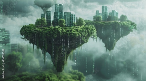 3d Digital Landscape with Floating Islands of Binary Code