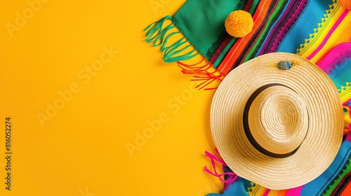 Bright and colorful display of summer essentials including straw hats  tropical flowers  and a vivid fabric on a sunny yellow background..