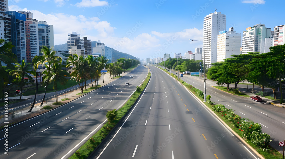 Fototapeta premium Beautiful view to empty highway street on green area with blue sky during covid19 outbreak in Rio de Janeiro Brazil : Generative AI