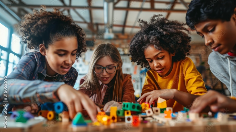 A group of kids engaging in building activities with colorful blocks inside a classroom setting.