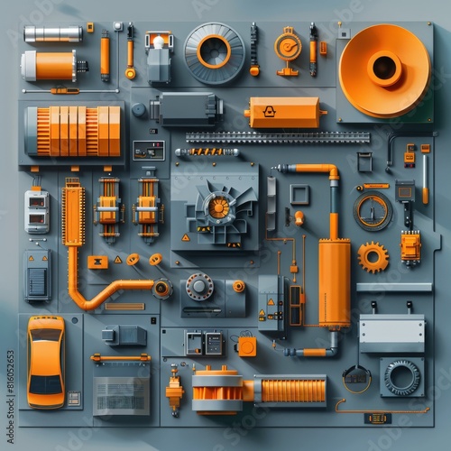 machinery maintenance flat design top view operational efficiency 3D render Complementary Color Scheme