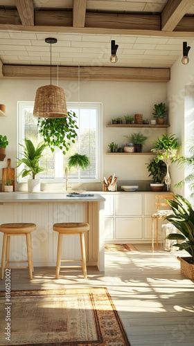 A sunlit kitchen showcasing a harmony of natural wood finishes and lush green plants, creating a warm and inviting atmosphere with modern rustic charm..