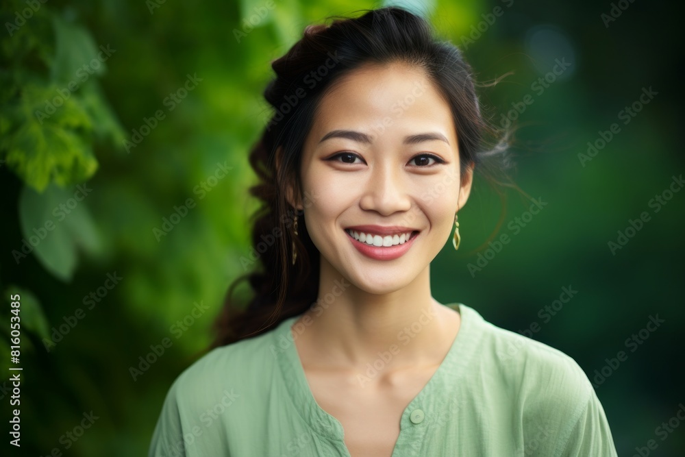 Portrait of a tender asian woman in her 20s smiling at the camera in front of soft green background Portrait of a tender asian woman in her 20s smiling at the camera in front of soft green background