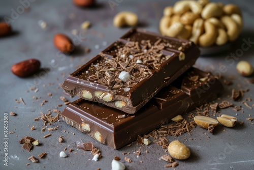 Stacked milk chocolate bars with hazelnuts, almond pieces, and chocolate shavings on a dark surface