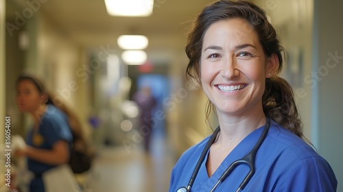 Portrait of a smiling female doctor wearing a white coat and stethoscope, standing confidently in a busy hospital corridor..