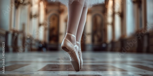 Close-up of a ballet dancer's feet en pointe, showcasing ballet shoes in a beautifully lit dance hall with wooden floors and large windows..