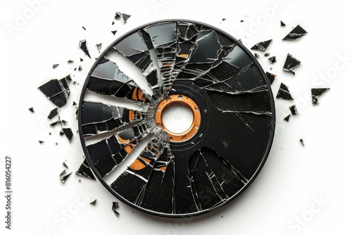 Broken compact disc with pieces scattered, isolated on a white surface photo