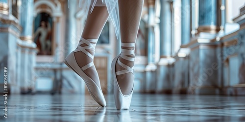 Close-up of a ballet dancer's feet en pointe, showcasing ballet shoes in a beautifully lit dance hall with wooden floors and large windows..