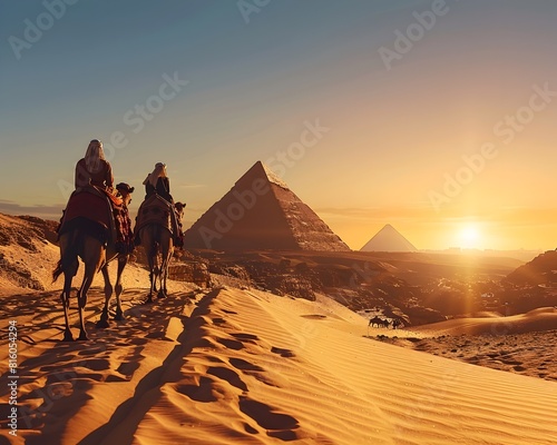 Camel Caravan Riding Towards Iconic Pyramids at Breathtaking Sunset in Egypt s Desert Landscape