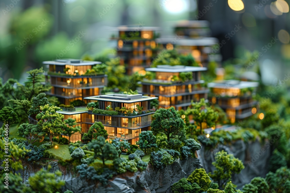 Obraz premium A sustainable housing layout model showcasing greenery, nature integration, and modern architectural design.