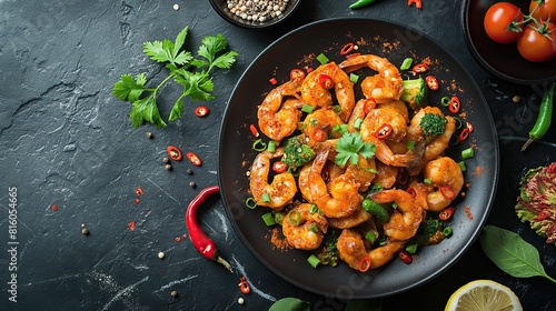 A vibrant and appetizing spicy shrimp stir-fry garnished with fresh herbs and vegetables, served on a sleek black plate against a dark background..