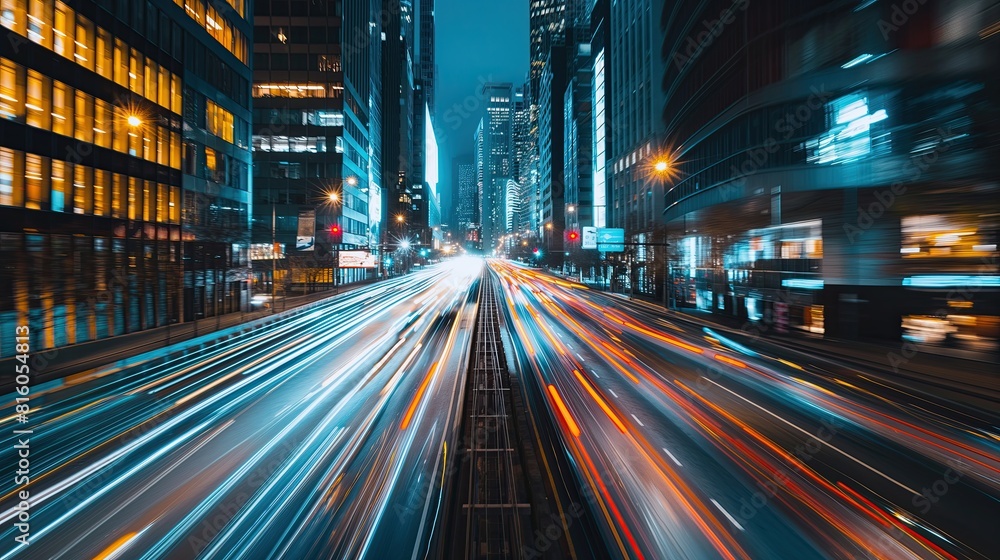 Fototapeta premium Long exposure photography captures the vibrant trails of light from cars speeding through a bustling city street at night..