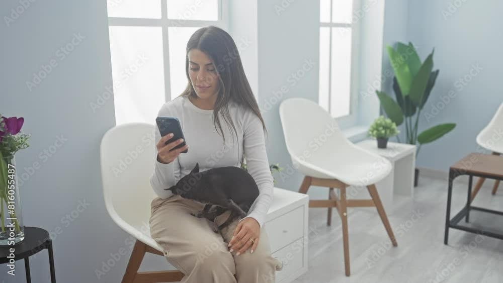 A woman sits with a chihuahua in a bright veterinary clinic waiting room, engrossed in her smartphone. A woman sits with a chihuahua in a bright veterinary clinic waiting room, engrossed in her smartphone.