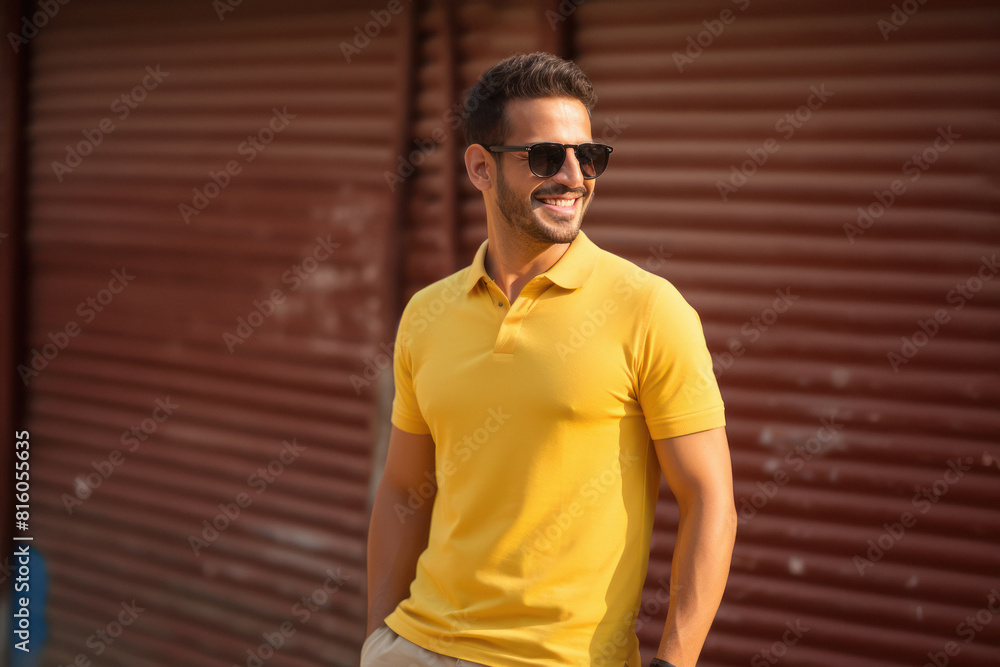man wearing yellow t shirt with sun glasses. man wearing yellow t shirt with sun glasses.