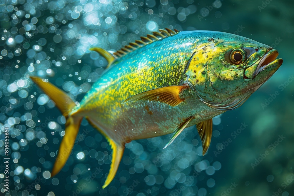 Fototapeta premium Mahi-Mahi Dorado leaping out of the water, perfect for sport fishing promotions.