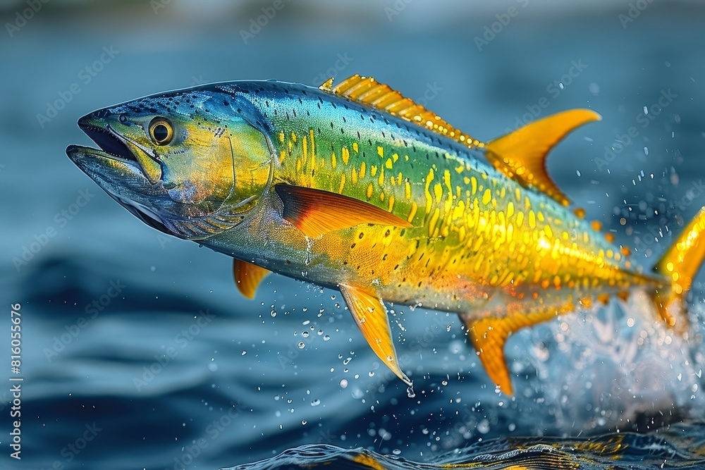 Fototapeta premium Mahi-Mahi Dorado leaping out of the water, perfect for sport fishing promotions. 
