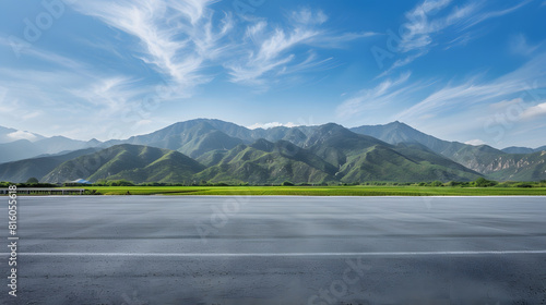 Empty asphalt road and green mountain nature landscape under blue sky Road and mountains background : Generative AI