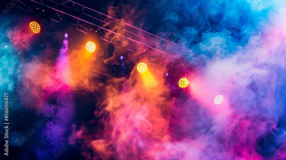 Colorful spotlights and smoke create a dramatic atmosphere on stage for concerts or plays.