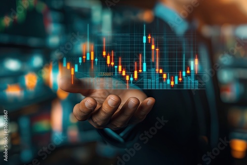 A person's hand interacting with a holographic display of a financial chart, depicting stock market trends in a futuristic setting..