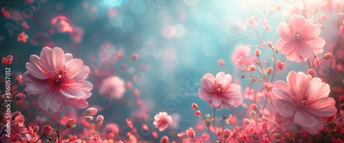 Beautiful Spring Flowers Flying In The Air Against A Teal Background, Creative Spring Concept, Birthday Background photo