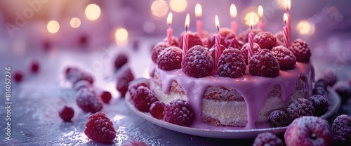 Birthday Cake With Candles On A Purple Background, Birthday Background