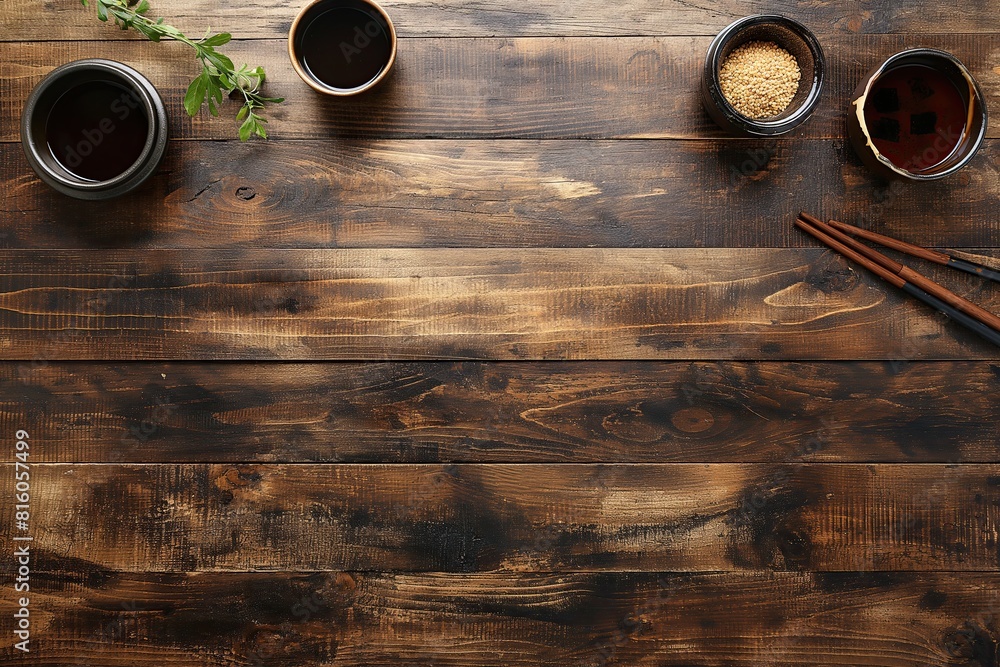A neatly arranged Asian dining set including chopsticks, a teapot, and sauces on a richly textured rustic wooden table, perfect for an authentic meal.. A neatly arranged Asian dining set including chopsticks, a teapot, and sauces on a richly textured rustic wooden table, perfect for an authentic meal..