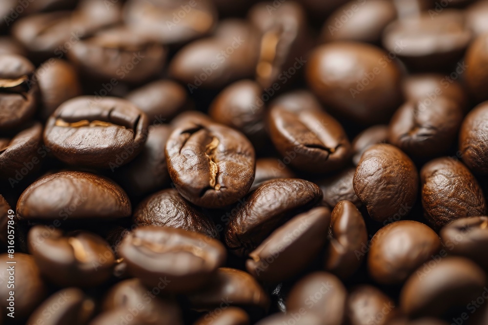 Detailed macro shot of aromatic roasted coffee beans, with a focus on texture and color Detailed macro shot of aromatic roasted coffee beans, with a focus on texture and color