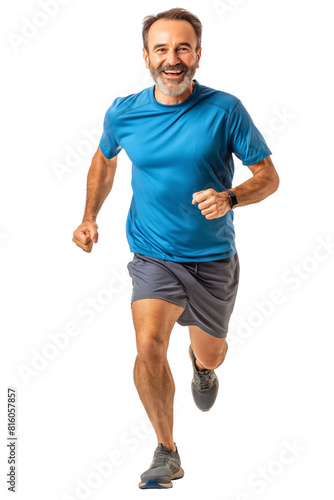 Middle-Aged Man Jogging in Blue Shirt and Gray Shorts