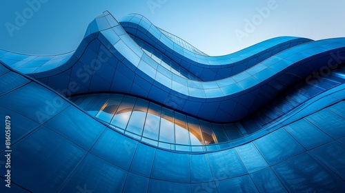 A blue building with a lot of windows and a curved roof photo