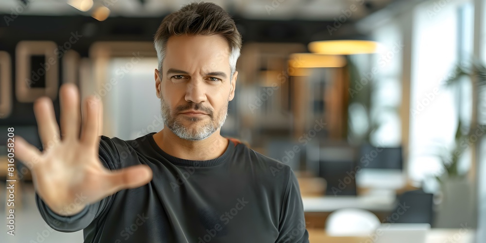 A man in his fifties signaling to stop in a modern office. Concept Lifestyle, Interactions, Business, Office Environment A man in his fifties signaling to stop in a modern office. Concept Lifestyle, Interactions, Business, Office Environment