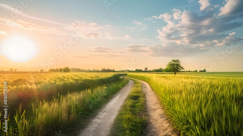 Country road and green wheat fields natural scenery at sunrise   Generative AI