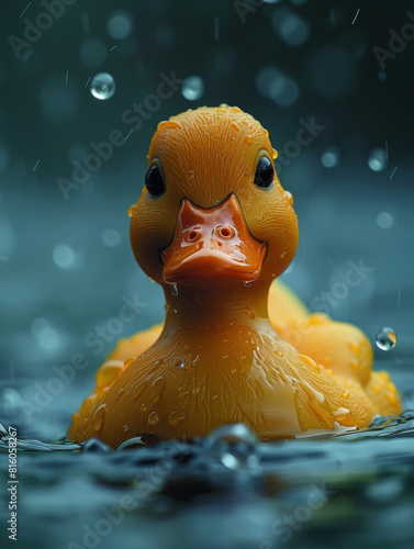 Close-up of an orange rubber duck in clear water with raindrops falling around it, creating ripples