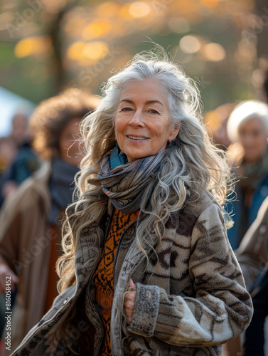 A stylish senior woman with long gray hair smiles warmly surrounded by autumn foliage and passersby © Tanja
