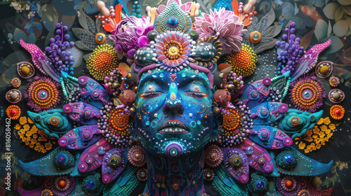 Fantastic, surreal, psychedelic deity with herbal motifs