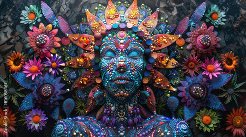 Fantastic, surreal, psychedelic deity with herbal motifs