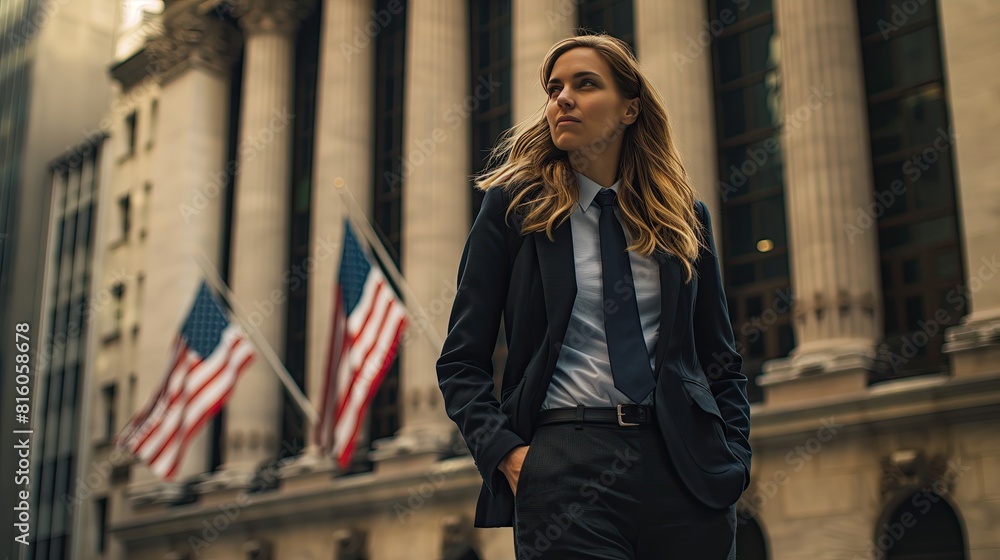 A determined young businesswoman walks through a historical financial district adorned with American flags, showcasing ambition and focus.. A determined young businesswoman walks through a historical financial district adorned with American flags, showcasing ambition and focus..