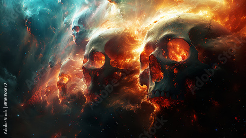 Skulls in space nebula, afterlife, bad hallucinogenic trip concept photo